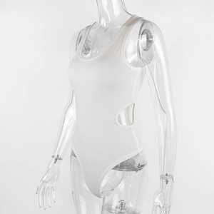Detail view of white ribbed bodysuit featuring a side waist cutout and U-neckline