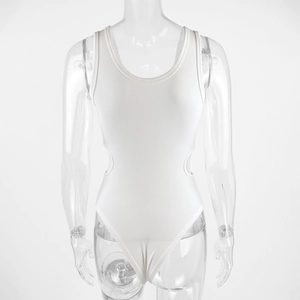 Close-up of ribbed ivory bodysuit featuring side waist cut-outs and a high-cut leg