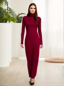 Elegant slim fit high neck long sleeve maxi dress in burgundy for winter fashion