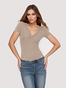 Sleek beige ribbed knit V-neck bodysuit for women featuring a stylish front twist detail