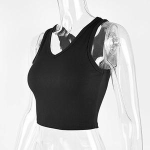 Close-up of black ribbed V-neck crop top fabric texture on a mannequin