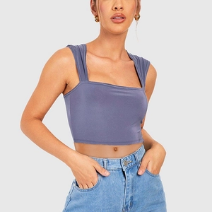 Close-up of gray-purple square neck cropped tank top made of ribbed stretch knit fabric
