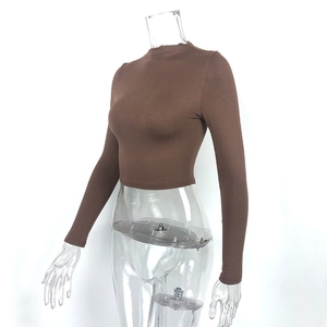 Haut court à manches longues marron foncé ajusté avec col montant sur mannequin
