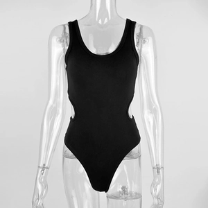 Detail view of the side cut-out design on a black ribbed bodysuit with U-neckline