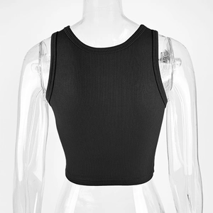 Rear view of black ribbed knit crop top featuring a slim fit sleeveless design