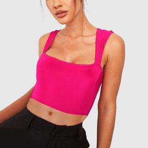 Rose pink square neck crop top with wide straps shown on model for a slim fit style