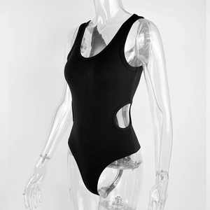 Detail view of black ribbed bodysuit featuring sexy side waist cut-out and deep U-neckline