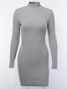 Slim fit dark grey ribbed knit mini dress with high neck and long sleeves for women