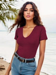 Slim fit burgundy V-neck ribbed bodysuit with short sleeves for women outdoor beach style
