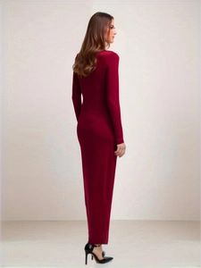 Detailed back view of a slim fit burgundy long sleeve maxi dress with premium soft fabric