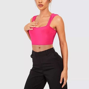 Detail of rose red slim fit crop top with thick shoulder straps and square neckline