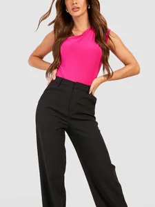 Women's chic rose pink one-shoulder sleeveless bodysuit paired with wide-leg black trousers