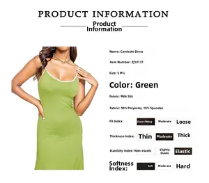 Detail showing high-stretch green slip dress fabric with 90% polyester and 10% spandex