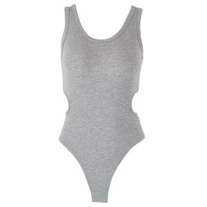 Slim fit grey ribbed U-neck bodysuit with stylish waist cut-outs and sleeveless design