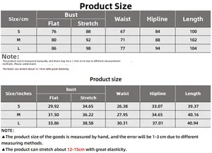 Detailed size guide table for backless contrast color dress with S M L measurements