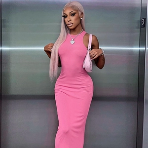 Damen Sexy Slim Fit Geripptes Maxikleid Ärmellos Rundhalsausschnitt Einfarbig Bodycon Langes Tankkleid Sommer Party Clubwear