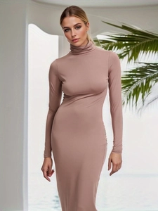 Detail of mauve bodycon maxi dress featuring a high turtleneck and soft knit fabric texture