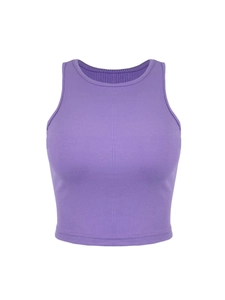 Women's purple ribbed knit crop top featuring a slim fit sleeveless design and crew neck