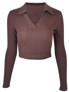 Women's dark brown ribbed knit crop top featuring a classic POLO collar and long sleeves