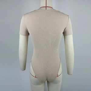 Detail view of the beige ribbed knit bodysuit back with high-cut design for women