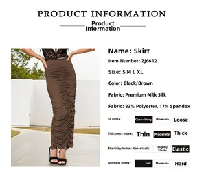Size chart and fabric details for coffee ruched skirt made of polyester and spandex blend