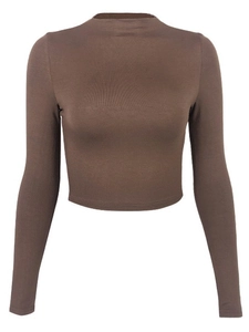 Haut court marron foncé à manches longues et col montant avec tissu élastique ajusté