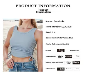 Detail of light blue ribbed tank top featuring side drawstring and ruched texture