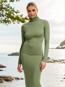 Detail view of the olive green turtleneck dress featuring high-elastic ribbed fabric texture