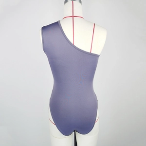 Detail view of purple one-shoulder bodysuit showing ruched fabric and back silhouette