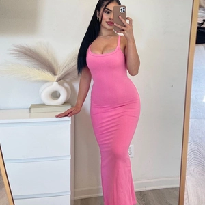 Robe Maxi Sexy Côtelée à Bretelles Spaghetti pour Femmes Polyester Élasthanne Coupe Slim Dos Nu pour Fête d'Été Quotidien