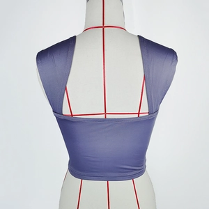 Rear view of purple slim fit crop top with wide straps and high density knit fabric