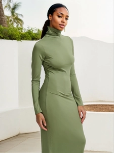Detail of olive green turtleneck long sleeve maxi dress showing slim fit stretch fabric