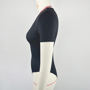 Side view of black ribbed V-neck bodysuit with short sleeves and high-cut leg opening