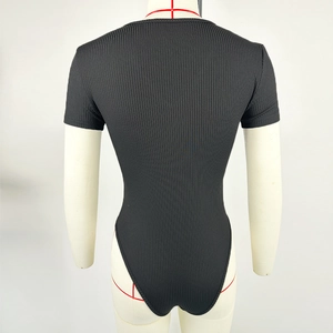 Back view of a slim fit black ribbed short sleeve bodysuit on a mannequin stand