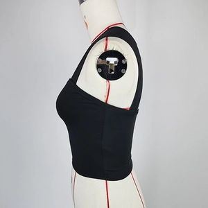 Side view of black slim fit crop top with wide straps on white mannequin display