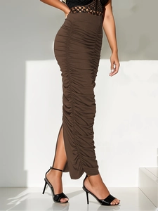 Fashionable dark brown high waist ruched midi skirt with a sexy back slit for women