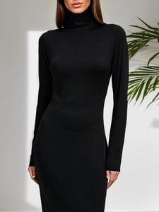 Sleek black turtleneck long sleeve bodycon dress with minimalist indoor aesthetic