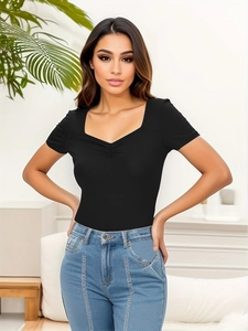 Slim fit black ribbed knit bodysuit with sweetheart neckline and short sleeves for summer