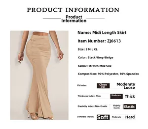 Detail of high-waist ruched maxi skirt with 90% polyester and 10% spandex fabric composition