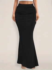 Slim fit black high waist mermaid skirt with ruching details and wide fishtail hemline