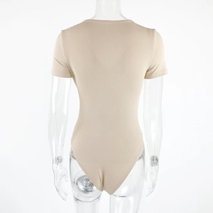 Rear view detail of beige ribbed knit short sleeve bodysuit with back neckline stitch