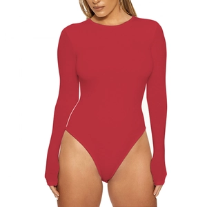 Women Sexy Slim Fit Long Sleeve Bodysuit Solid Color Deep V-Neck Zipper Stand Collar Square Neck Thong Leotard Jumpsuit