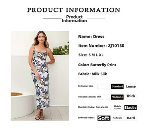 Detaillierte Größentabelle und Produktdaten für das lange Kleid mit Schmetterlingsdruck