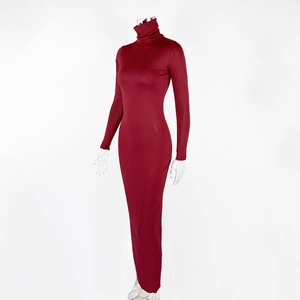 Detailed view of burgundy slim fit long sleeve maxi dress with elegant turtleneck design