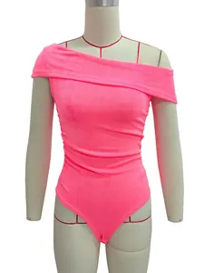 Neon pink off-shoulder slim bodysuit for women featuring a textured fabric and sleek fit