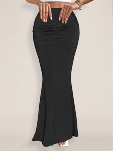 Detailed view of the elegant ruched texture on this black high waist bodycon maxi skirt