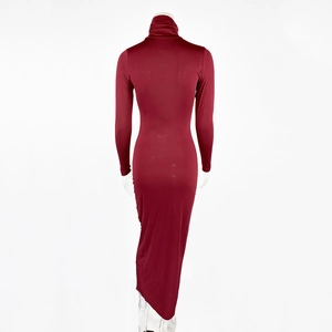 Detailed back view of a slim-fit burgundy high-neck long-sleeve maxi dress in ribbed knit