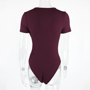 Back view of burgundy ribbed bodysuit with short sleeves and fitted cut on mannequin