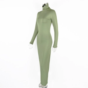 Detail of light olive green maxi dress featuring a high neck and slim fit long sleeves