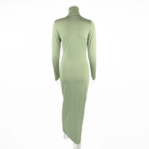 Detailed view of sage green high neck maxi dress with slim fit and long sleeves